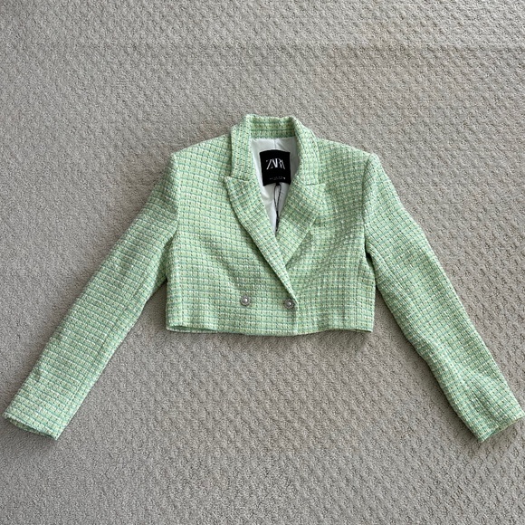 Zara Cropped Tweed Textured Jacket/Blazer Green Small NWT Office Academia Preppy - Picture 4 of 16
